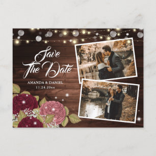 Carte Postale Faire-part Élégant Burgundy Blush Wood Photo Enregistrer La D