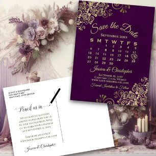 Carte Postale Faire-part Élégant Calendrier de Mariage à Save the Date Prun