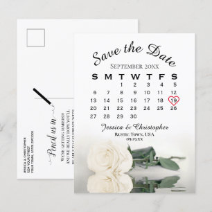 Carte Postale Faire-part Élégant calendrier Mariage Rose blanche Enregistre