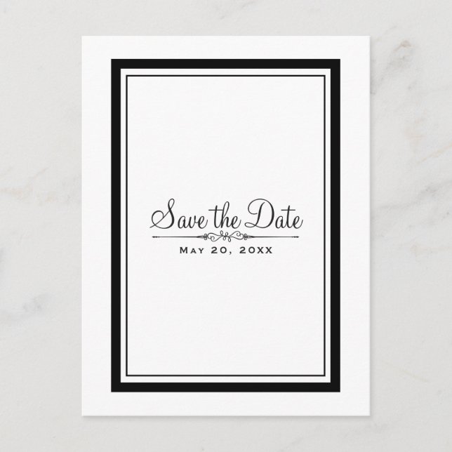 Carte Postale Faire-part Élégant Chic Mariage Blanc & Noir Save the Date (Devant)
