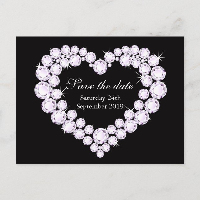 Carte Postale Faire-part Élégant cœur de diamant enregistrer la date noir & (Devant)