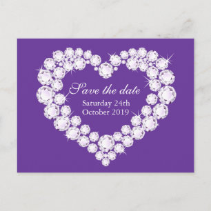 Carte Postale Faire-part Elégant coeur diamant enregistrer la date violet
