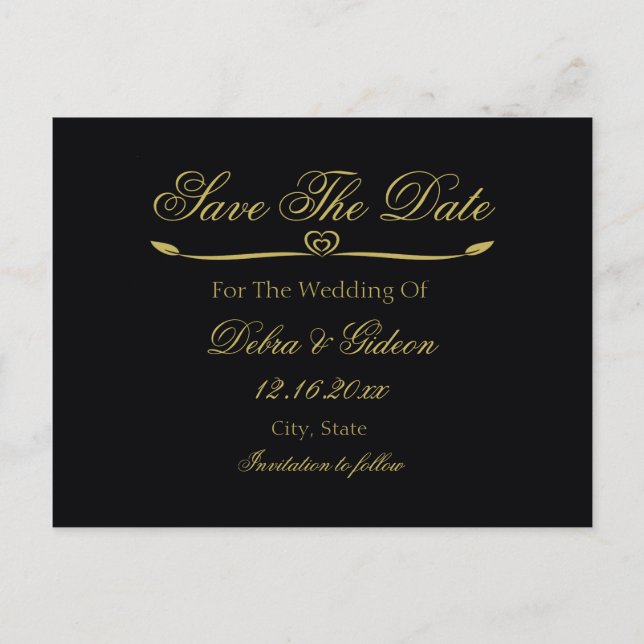Carte Postale Faire-part Élégant cœur noir et or à motif Save the Date (Devant)