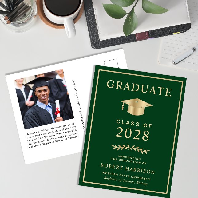 Carte Postale Faire-part Elegant College Photo Green Gold Graduation (Créateur téléchargé)
