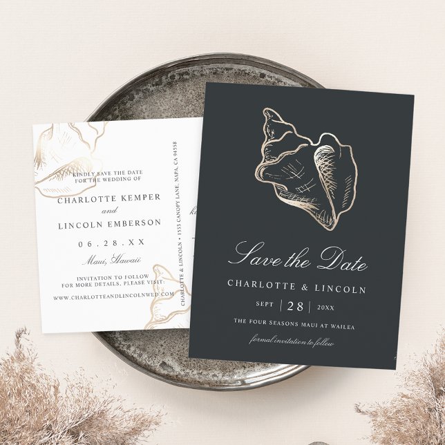 Carte Postale Faire-part Elégant Conch Gold Coque Mariage Enregistrer la da (Créateur téléchargé)