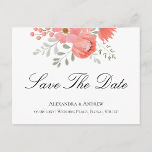 Carte Postale Faire-part Élégant Corail Clair Rose Floral Enregistrer La Da