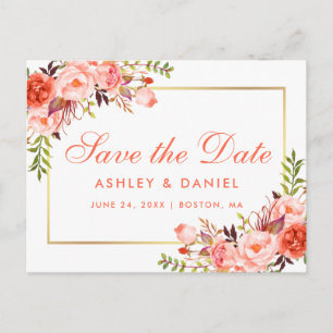 Carte Postale Faire-part Elégant Coral Floral Gold Enregistrer la date