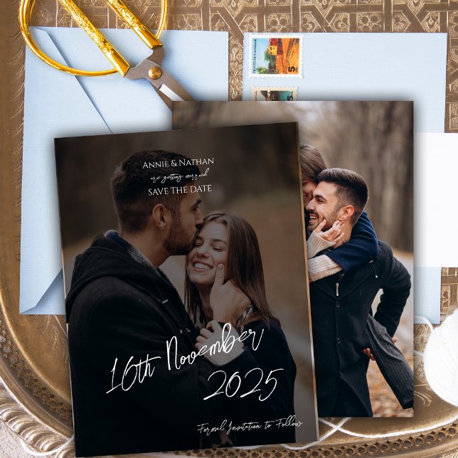 Carte Postale Faire-part Élégant deux script photo mariage Enregistrer la d (Elegant Two Photo Script Wedding Save the Date Announcement Postcard)