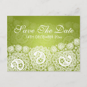 Carte Postale Faire-part Élégant Enregistrer La Date Paisley Lace Lime Gree