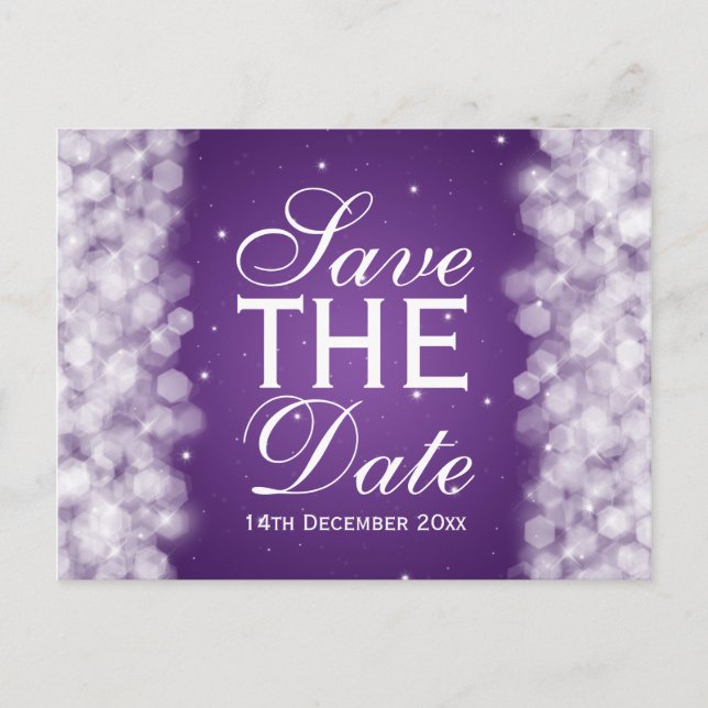 Carte Postale Faire-part Élégant Enregistrer La Date Party Étinceler Purple (Devant)
