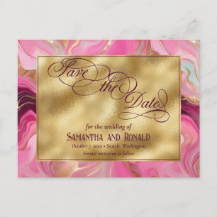 Carte Postale Faire-part Elégant Faux Gold et Mariage en marbre rose