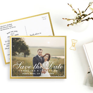 Carte Postale Faire-part Élégant Faux Gold Script Enregistrer la date avec