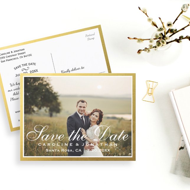 Carte Postale Faire-part Élégant Faux Gold Script Enregistrer la date avec  (Créateur téléchargé)