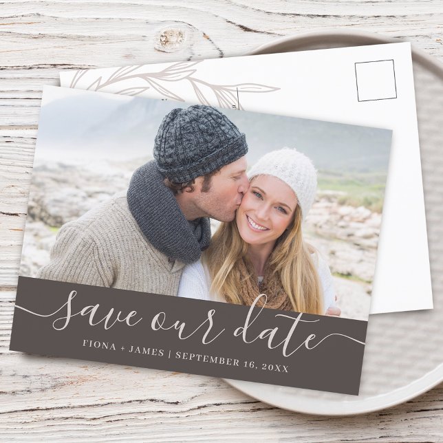 Carte Postale Faire-part Elegant Laurel Leaf Photo Sauver Notre Date (Elegant Laurel Leaf Photo Save Our Date Announcement Postcard)