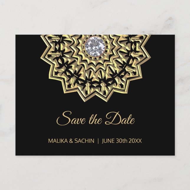 Carte Postale Faire-part Élégant Mandala Indien Noir Mariage ENREGISTRER LA (Devant)
