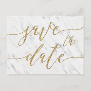 Carte Postale Faire-part Elégant Marbre blanc et mariage d'or Enregistrer l