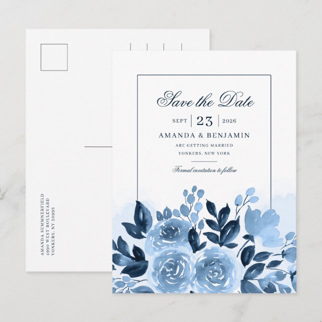 Carte Postale Faire-part Élégant mariage à l'aquarelle bleu poussiéreux flo (Devant / Derrière)