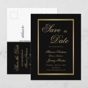 Carte Postale Faire-part Élégant Mariage à l'encre dorée noire Économisez l