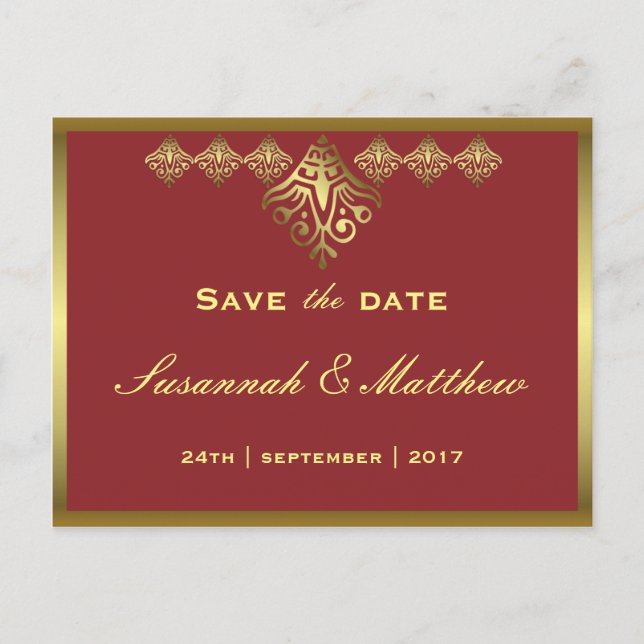 Carte Postale Faire-part Élégant Mariage rouge et or (Devant)
