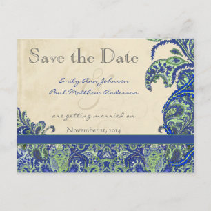 Carte Postale Faire-part Elégant mariage Vintage Paisley Enregistrer la dat