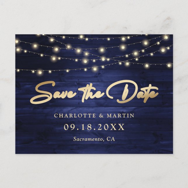 Carte Postale Faire-part Elégant Marine Blue Gold Foil Bois Enregistrer La  (Devant)