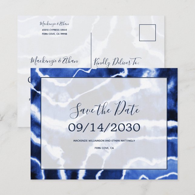 Carte Postale Faire-part Elégant Marine Marble Tie Dye Mariage Enregistrer  (Devant / Derrière)