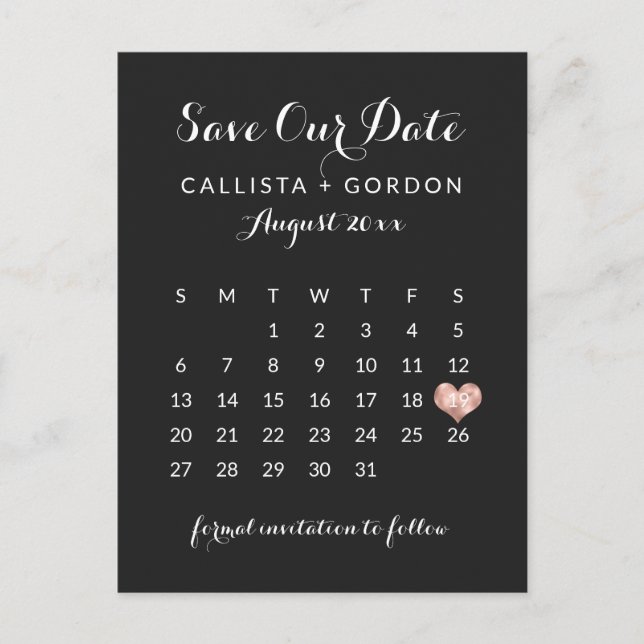 Carte Postale Faire-part Élégant moderne Marine Bleu Rose Gold Heart Calend (Devant)