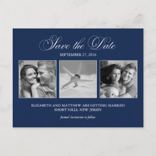 Carte Postale Faire-part Elegant Navy Blue Photo Wedding Enregistrer la dat