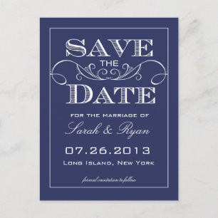 Carte Postale Faire-part Elegant Navy Swirl Enregistrer la date annonce