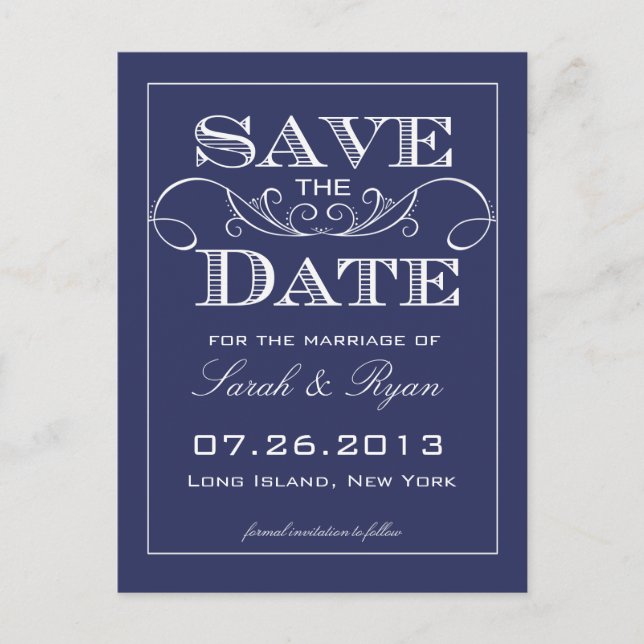 Carte Postale Faire-part Elegant Navy Swirl Enregistrer la date annonce (Devant)