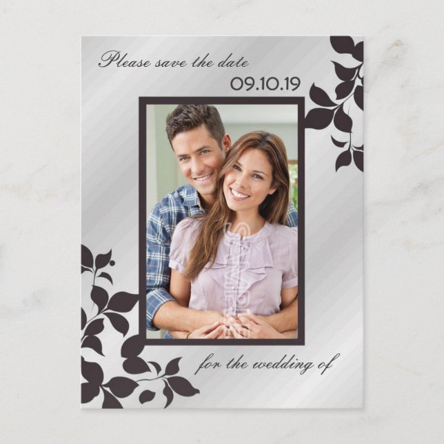 Carte Postale Faire-part Élégant Noir Floral Argent Photo Enregistrer La Da (Devant)