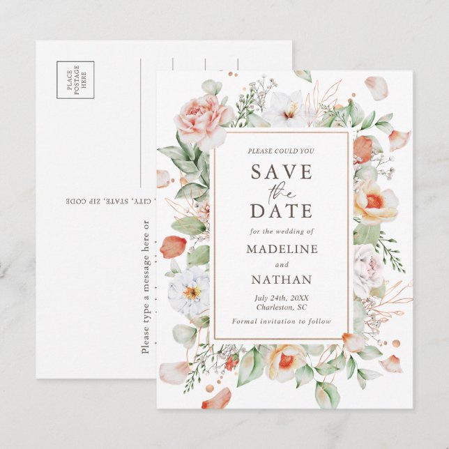 Carte Postale Faire-part Elégant Peach Floral Aquarelle Enregistrer la date (Devant / Derrière)