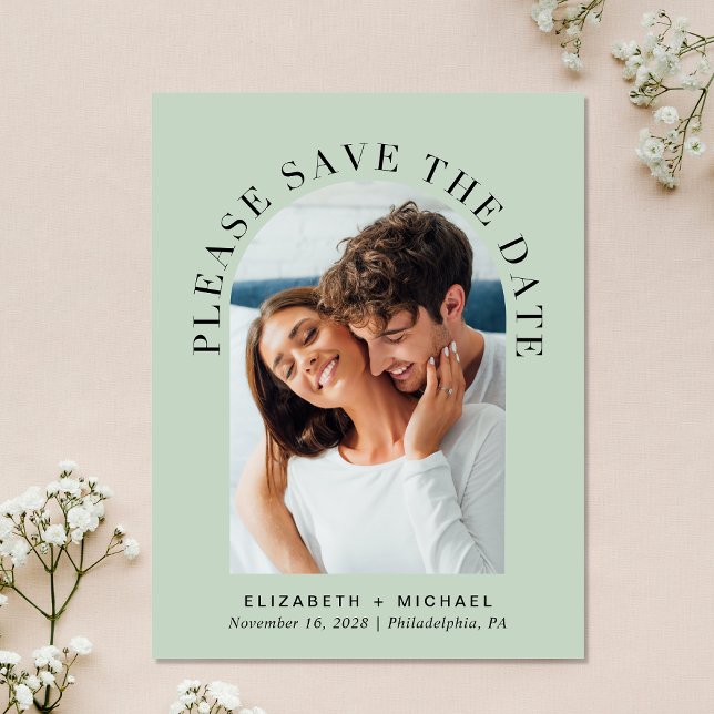 Carte Postale Faire-part Élégant Photo Arch Sage Enregistrer La Date (Celebrate your love story with a save the date showcasing your photo in an elegant arch frame)