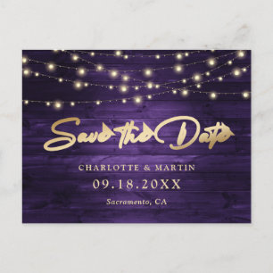 Carte Postale Faire-part Élégant Purple Gold Foil Bois Enregistrer La Date
