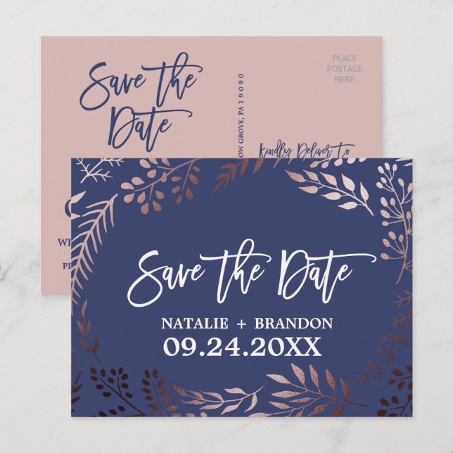 Carte Postale Faire-part Élégant Rose Gold et Nuit de Noces Marine Enregist (Devant / Derrière)