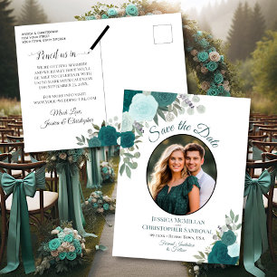 Carte Postale Faire-part Elégant Roses Turquoises et mariage photo Enregist