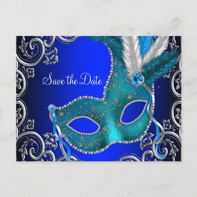 Carte Postale Faire-part Elégant Royal Blue Masquerade Enregistrer La Date (Devant)