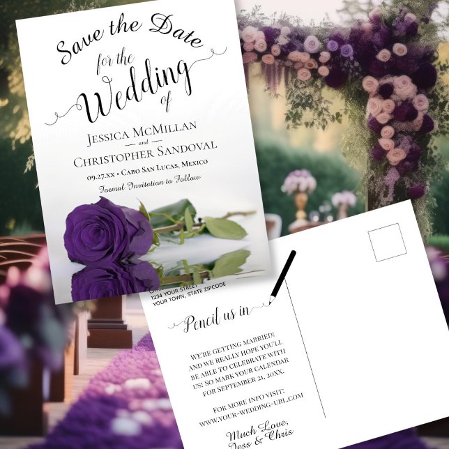 Carte Postale Faire-part Elégant Royal Purple Rose mariage Enregistrer la d (Front/Back)