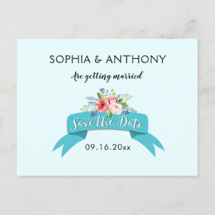 Carte Postale Faire-part Élégant ruban bleu et floral Enregistrer la date