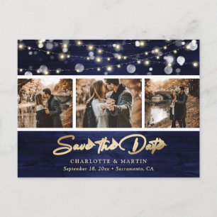 Carte Postale Faire-part Elégant Rustic Navy Blue Gold Foil Mariage Photo