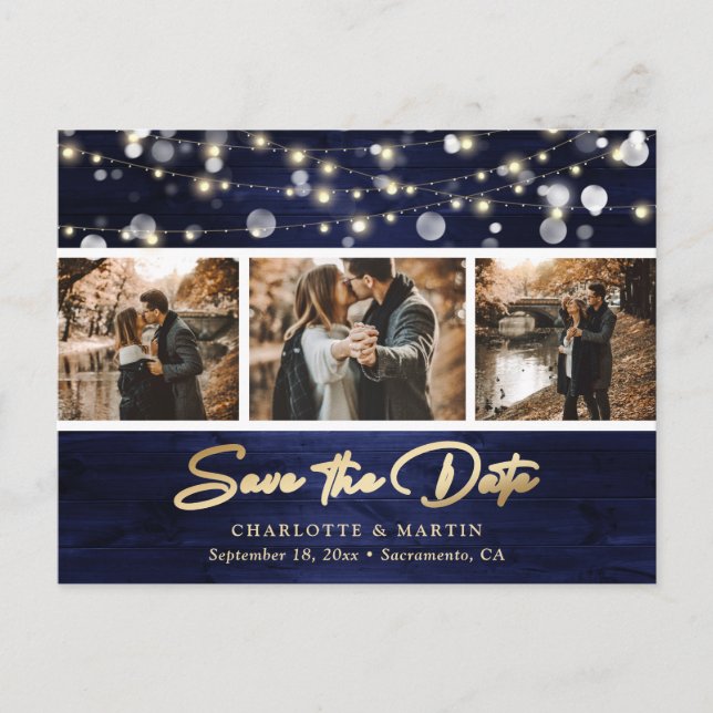 Carte Postale Faire-part Elégant Rustic Navy Blue Gold Foil Mariage Photo (Devant)