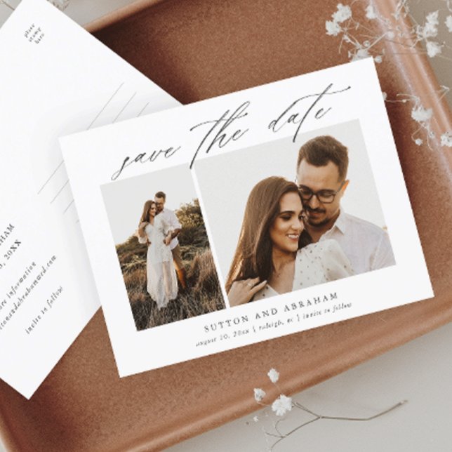 Carte Postale Faire-part Élégant Script 2 Photo Mariage Enregistrer la Date (Créateur téléchargé)