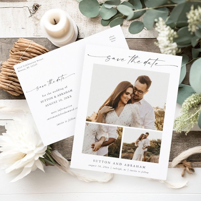 Carte Postale Faire-part Élégant Script 3 Photo Mariage Save the Date (An elegant minimal 3 photo collage wedding save the date postcard with modern script typography.)