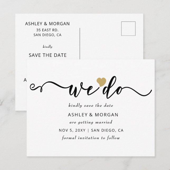 Carte Postale Faire-part Élégant Script Gold Heart Nous faisons enregistrer (Devant / Derrière)