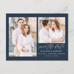 Carte Postale Faire-part Élégant Script Navy 2 Photo Enregistrer la date