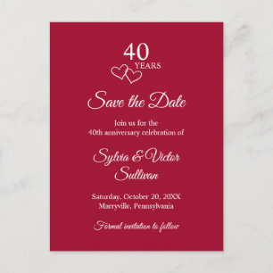 Carte Postale Faire-part Élégant Script Rouge 40e Anniversaire de Mariage