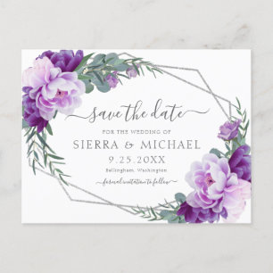 Carte Postale Faire-part Élégant Silver Purple Floral Enregistrer le Mariag