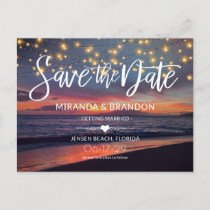 Carte Postale Faire-part Elégant Sunset Beach String Lights Mariage été