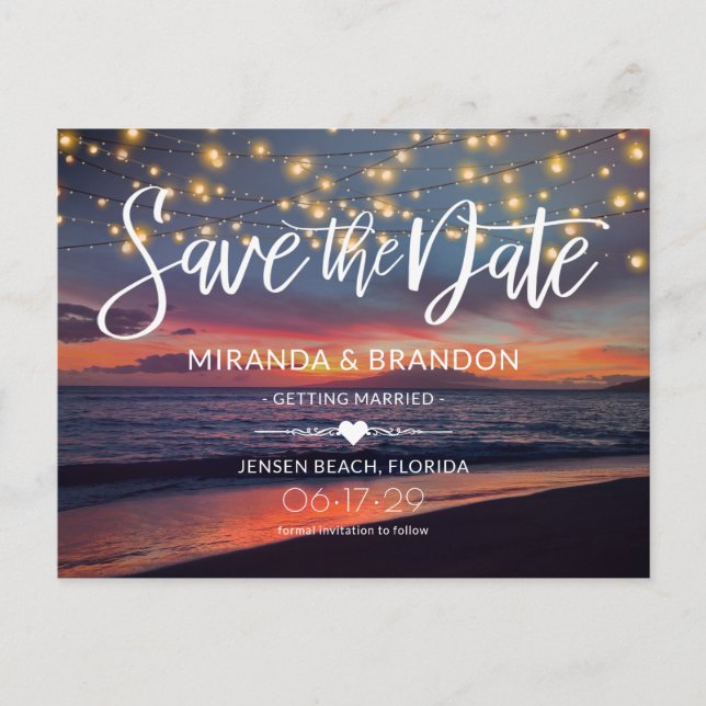 Carte Postale Faire-part Elégant Sunset Beach String Lights Mariage été (Devant)