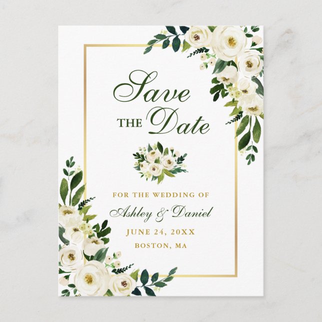 Carte Postale Faire-part Élégant vert blanc floral Enregistrer la date Or (Devant)